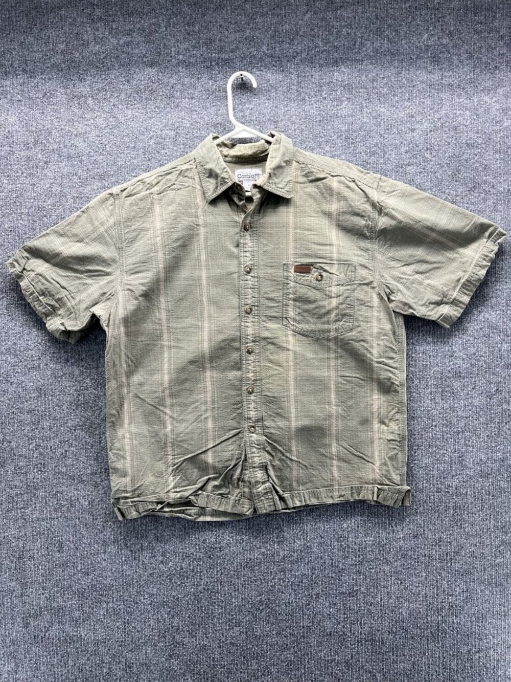 Carhartt Shirt Men L Green Stripe Short Sleeve Button Up Cotton Pockets Casual